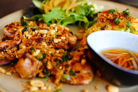 Closeup of BUN BO XAO (VIETNAMESE LEMONGRASS BEEF NOODLE SALAD)の写真素材
