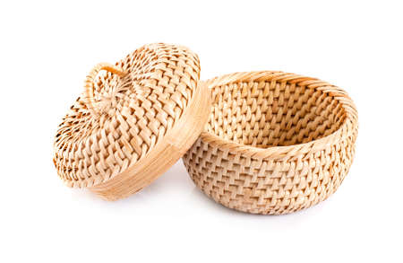 vintage weave wicker basket isolated on white backgroundの写真素材