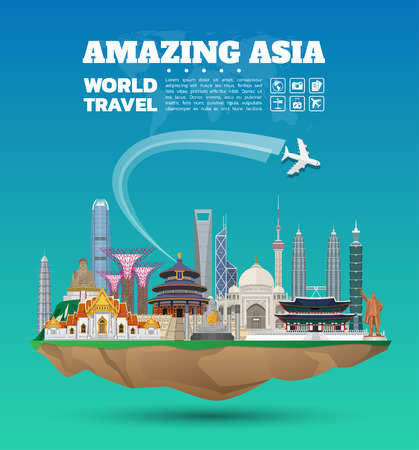 Asia famous Landmark paper art. Global Travel And Journey Infographic. Vector Flat Design Template.vector/illustration.Can be used for your banner, business, education, website or any artwork.のイラスト素材
