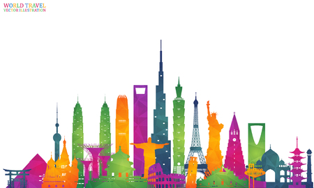 World famous Landmark colorful art. Global Travel And Journey Infographic Back. Vector Flat Design Template.vector/illustration.Can be used for your banner, business, education, website or any artwork.のイラスト素材