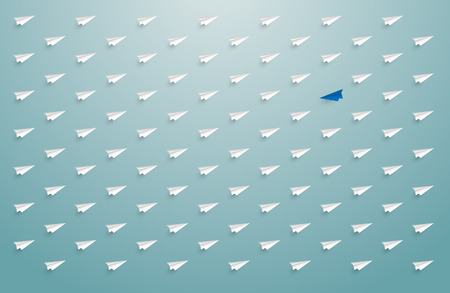 blue paper airplane among white airplanes, leadership, teamwork, motivation, stand out of the crowd concept, vector eps10 illustrationのイラスト素材