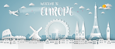 Europe Landmark Global Travel And Journey paper background. Vector Design Template.used for your advertisement, book, banner, template, travel business or presentation.のイラスト素材