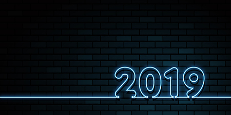 Happy new year 2019. Greetings card. Colorful neon glow in the drak . Vector illustration.のイラスト素材