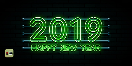 Happy new year 2019. Greetings card. Colorful neon glow in the drak . Vector illustration.のイラスト素材