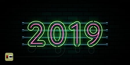 Happy new year 2019. Greetings card. Colorful neon glow in the drak . Vector illustration.のイラスト素材
