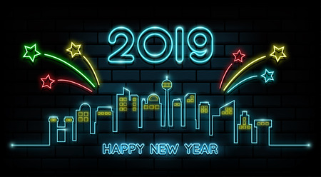 Happy new year 2019. Greetings card. Colorful neon glow in the drak . Vector illustration.のイラスト素材