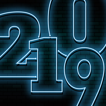 Happy new year 2019. Greetings card. Colorful neon glow in the drak . Vector illustration.のイラスト素材