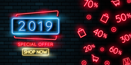 Happy new year 2019. Greetings card. Colorful neon glow in the drak . Vector illustration.のイラスト素材
