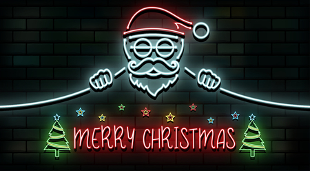 Merry Christmas and Happy New Year background. Santa Claus, 3D Neon light Glowing on the dark wall. vector illustration.のイラスト素材