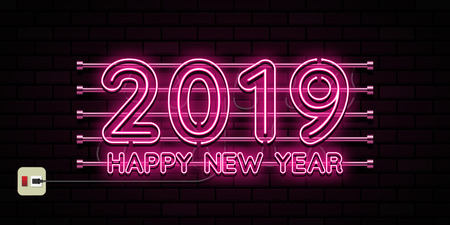 Happy new year 2019. Greetings card. Colorful neon glow in the drak . Vector illustration.のイラスト素材