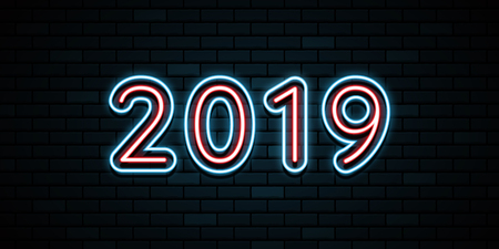 Happy new year 2019. Greetings card. Colorful neon glow in the drak . Vector illustration.のイラスト素材