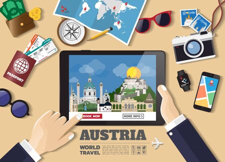 Hand holding smart tablet booking travel destination.Australia famous places.Vector concept banners in flat style with the set of traveling objects, accessories and tourism icons. world landmarks set.のイラスト素材