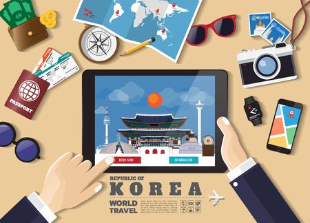 Hand holding smart tablet booking travel destination.South Korea famous places.Vector concept banners in flat style with the set of traveling objects, accessories and tourism icon.のイラスト素材