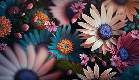 Image of tightly Realistic multi type of Flowers without leaf, pale colorful color style , minimal background for phone or desktop wallpaper.の素材