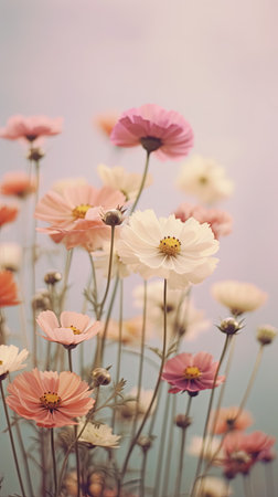 Image of tightly Realistic multi type of Flowers without leaf, pale colorful color style , minimal background for phone or desktop wallpaper.の素材