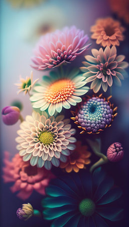 Image of tightly Realistic multi type of Flowers without leaf, pale colorful color style , minimal background for phone or desktop wallpaper.の素材