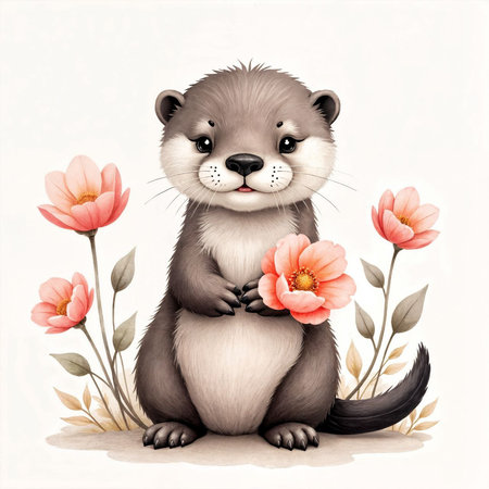 Cute animal with flowers on white background. Watercolor illustration.の写真素材