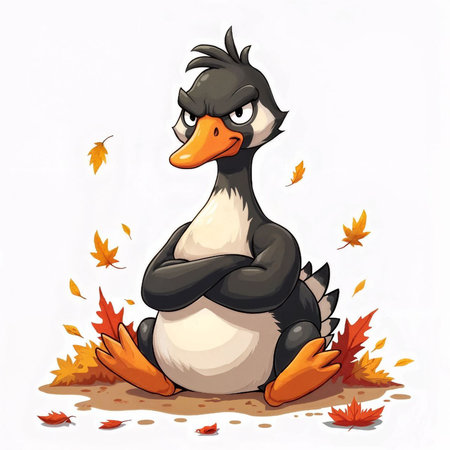 Vector illustration of Cartoon duck sitting on the ground with autumn leaves.の写真素材