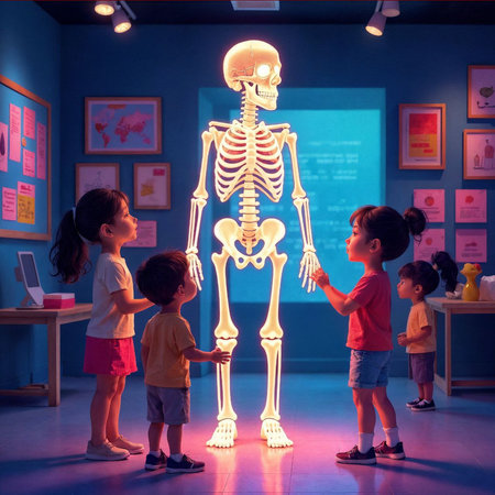 Cute little kids looking at skeleton in children's room at schoolの写真素材