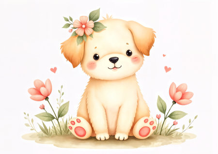 Cute puppy sitting in the grass with flowers and hearts. illustrationの写真素材