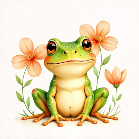 Illustration of a cute cartoon frog with flowers on a white backgroundの写真素材