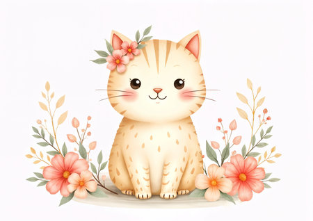 Cute cat with flowers on white background, watercolor illustration.の写真素材