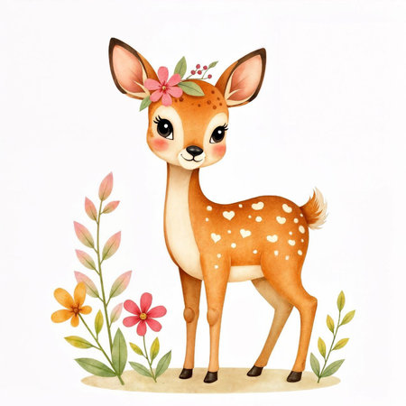 Cute baby deer with flowers on white background. Watercolor illustration.の写真素材