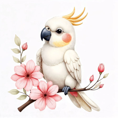 Cockatoo on a branch with flowers. Watercolor illustrationの写真素材