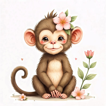 Cute monkey with flowers on a white background. Vector illustration.の写真素材