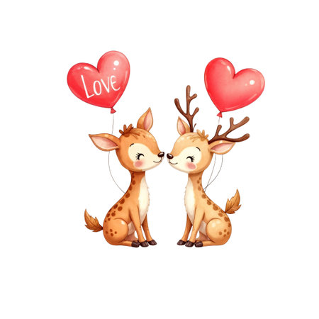 Cute cartoon deer couple in love with heart shaped balloons. Vector illustrationの素材