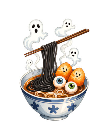 A playful bowl of dark noodles topped with comical ghost-shaped ingredients. Chopped sticks hover above, enhancing the fun atmosphere with cartoonish spirits floating around.の素材