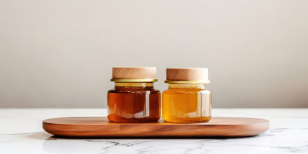 Amber Jars With Wooden Tray On Marble Background. Organic Cosmetic Mockup, Natural Honey For SPA And Massage. Front View, Closeup, Copy Space.の素材