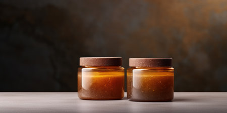Organic Cream In Cosmetic Amber Jars On Stone Surface. Moisturizer Mockup. Beauty Product Advertising Packaging. Front View, Closeup, Copy Space.の素材