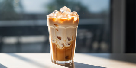 Iced Cappuccino With Ice Cubes. Cold Coffee In Tall Glass. Refresh Beverage. Caffeine Delicious Drink. Cool Latte On Table.の素材