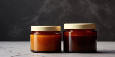 Two Amber Glass Jars Mockup Set. Cosmetic Container Template. Beauty Product For Skin Care, Haircare. Front View, Closeup, Copy Space.の素材