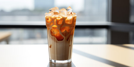 Ice Coffee In Tall Glass. Cold Cappuccino With Ice Cubes. Iced Drink On Blur Background. Cool Latte On Table.の素材