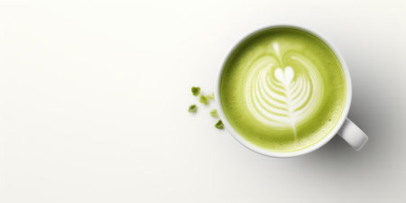 Japanese Green Tea With Latte Art. Matcha Latte In White Cup And Small Leaves Around. Organic Fresh Drink With Hot Milk. Top View With Copy Space.の素材