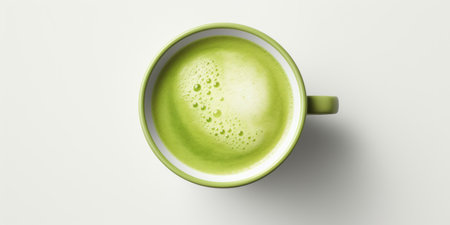 Matcha Latte In White Cup. Japanese Green Tea With Hot Milk Foam. Organic Natural Drink, Top View With Copy Space.の素材