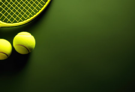 Two Tennis Balls And Tennis Racket Composition. Sport Green Background with Copy Space. Healthy Lifestyle.の素材