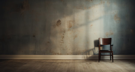 Single Retro Chair In Empty Room With Sunlight. Wooden Furniture. Loneliness Concept. Generative AI.の素材