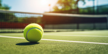 Yellow Ball on Tennis Green Court Closeup. Competitive Sport Game on the Sunny Day. Healthy Lifestyle. Outdoor Recreation.の素材
