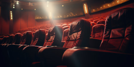 Close up Comfortable Soft Red Chairs in Empty Movie Cinema. Close up Red Seats in a Row. Viewed Over Stage. Generative AI.の素材