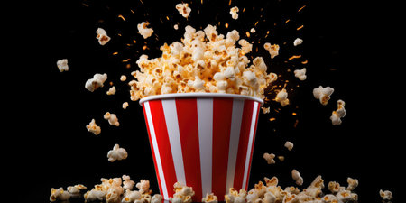 Exploding Popcorn in a Red and White Striped Container with Sparks on a Black background. Front View. Generative AI.の素材