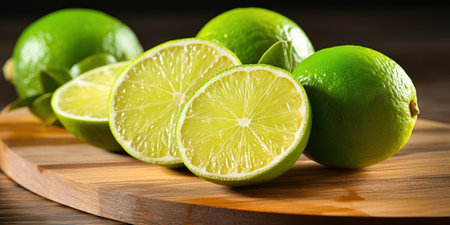 Limes on Wooden Cutting Board. Summer Ripe Citrus Fruits. Sour Citrus. Generative AI.の素材