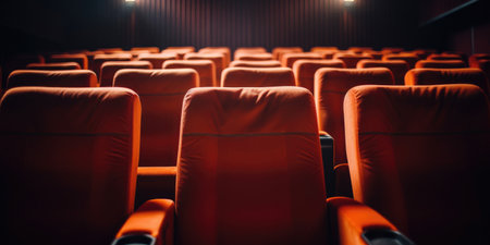 Close up Comfortable Soft Red Chairs in Empty Movie Cinema. Close up Red Seats in a Row. Generative AI.の素材
