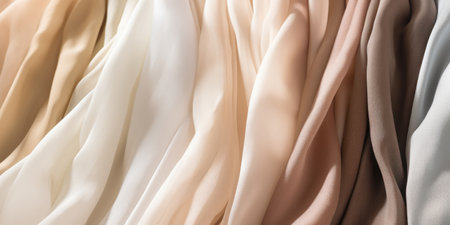 Soft Draped Fabrics In A Warm Palette Of Cream, Tan, And Beige. Luxury Satin Textile. Generative AI.の素材