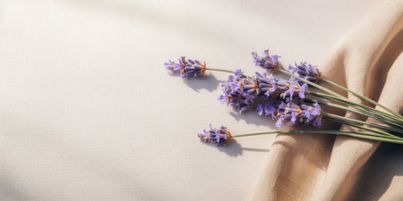 Folded Natural Linen Fabric With Lavender Bouquet. Purple Flower On Wrinkled Cotton Cloth. Herbal Background. Generative AI.の素材