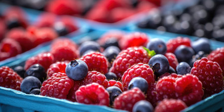 Mixed Berries in Blue Carton. Blueberries and Raspberries Pile. Healthy Vegetarian Nutrition. Generative AI.の素材