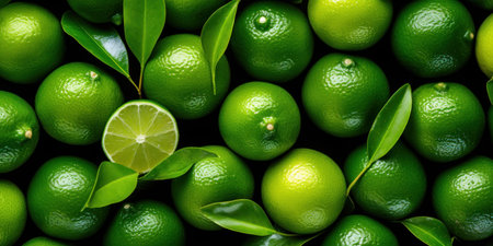 Top View of Fresh Limes Pile with Green Leaves on Dark Background. Generative AIの素材