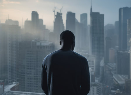 Silhouette of a Man Overlooking a Big City. Urban Life. Generative AIの素材